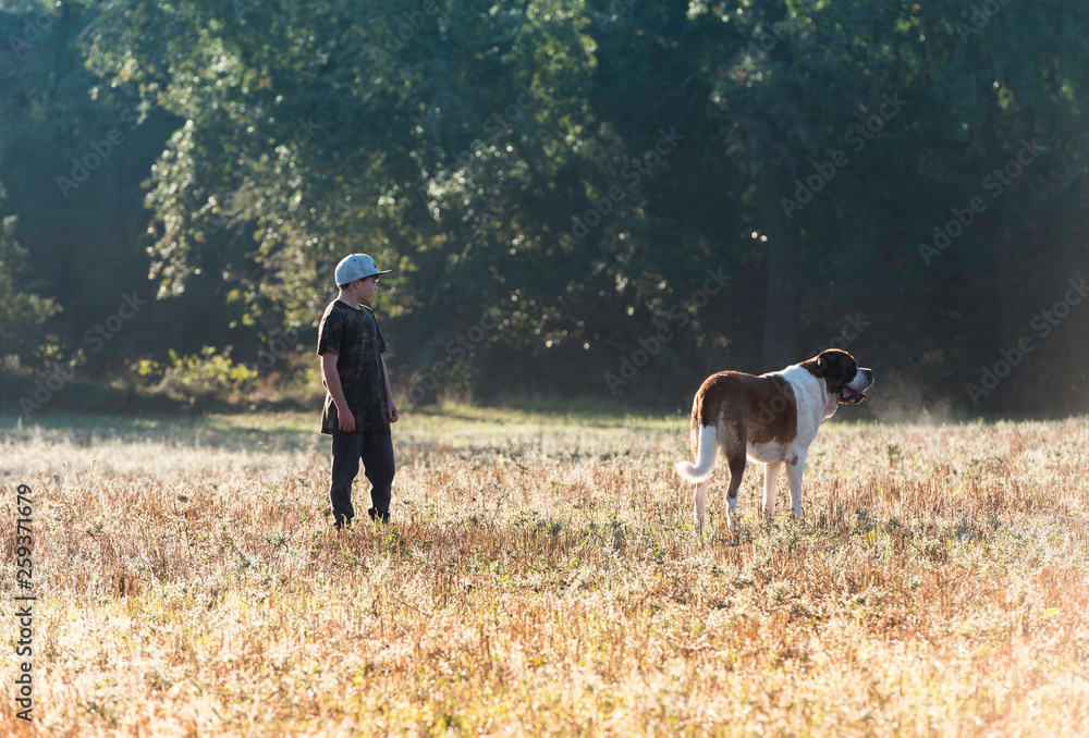 Boy walking his dog one autumn 