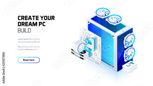 Gaming, workstation and mining computer isometric illustration, custom assembly computer components for workstation, pc store and service