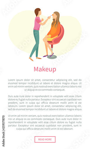 Makeup web poster with stylist making fashion glamor maquillage to client in chair vector, text sample. Professional make up studio leaflet, cosmetician
