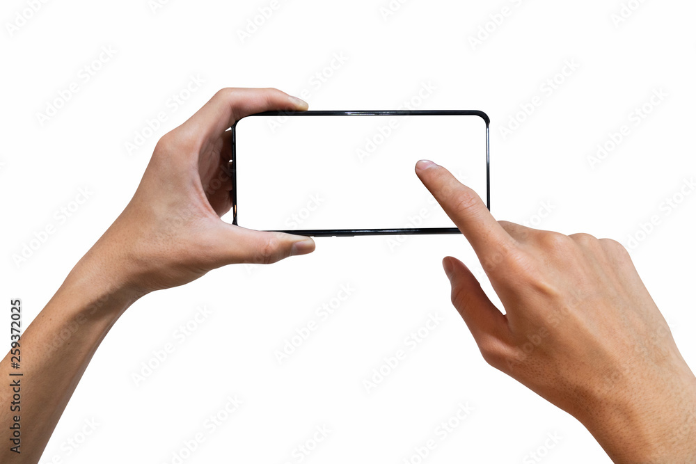 hand of a man holding a black smartphone with a blank white screen. isolated on white background. clipping path. illustration hand of a man holding a black smartphone with a blank white screen. isolated on white background. clipping path. illustration