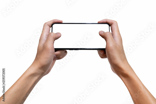 hand of a man holding a black smartphone with a blank white screen. isolated on white background. clipping path. illustration