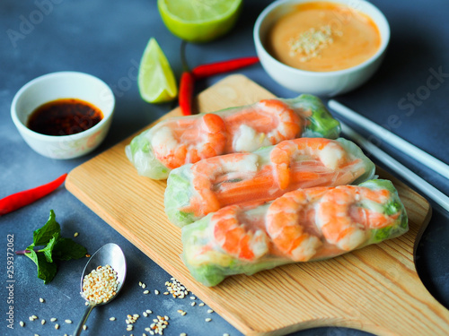 Fresh summer rolls with shrimp and vetgetables,Vietnamese food for healthy food concept. photo