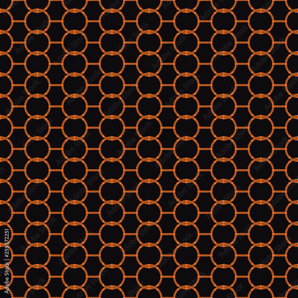 Seamless abstract retro geometric pattern. Linked chain circles and hexagons in shades of orange and black.
