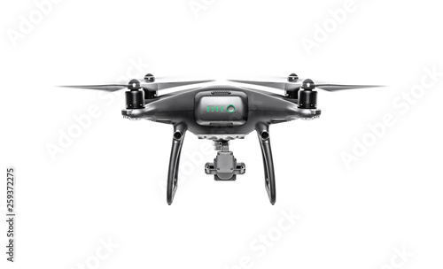 Flying dark drone isolated on a white background.