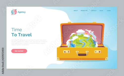 Time to travel vector, yellow baggage with Earth countries and continents. World globe in bag, vacation and tourism concept, airplane and sailboat. Website or webpage template, landing page flat style