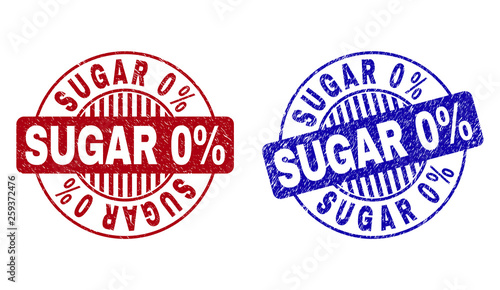 Grunge SUGAR 0 Percents round stamp seals isolated on a white background. Round seals with grunge texture in red and blue colors. Vector rubber imitation of SUGAR 0 Percents caption inside circle form