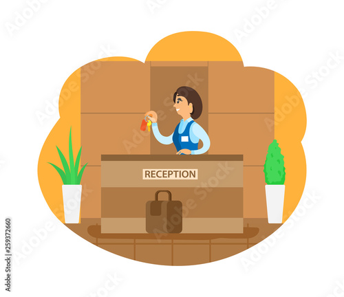 Hotel worker working n reception vector, character holding keys. Hostel with service of receptionist. Summer vacation accommodation, summertime holidays