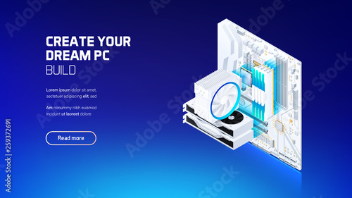 Gaming, workstation and mining computer isometric illustration, custom assembly computer components for workstation, pc store and service