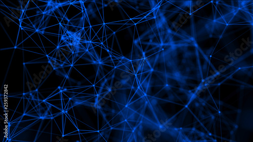 Abstract background with connecting dots and lines. Distribution of triangular shapes in space. Big data. Network connection structure. 3D rendering