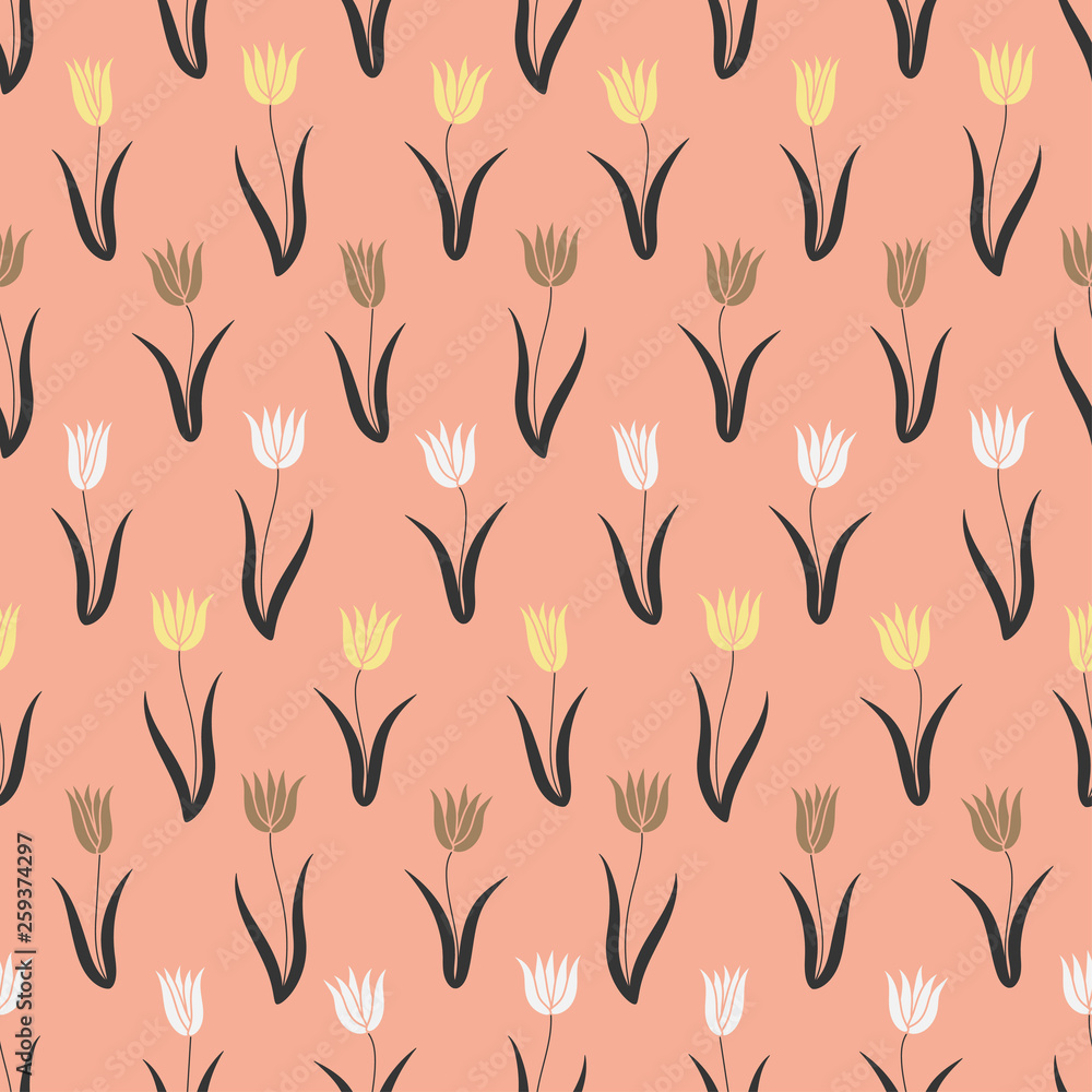 White & yellow spring tulips on pink background, seamless Easter vector pattern White & yellow spring tulips on pink background, seamless Easter vector pattern