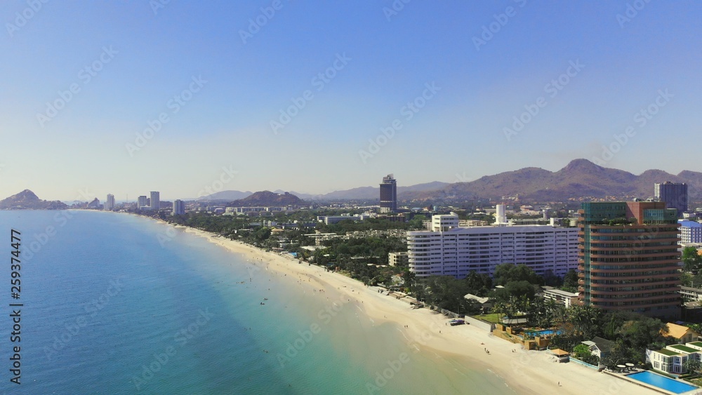 Top view of the beautiful seascape in Hua Hin in Prachuap Khiri Khan Province, Thailand, aerial view on the coastline, sea and the city of Hua Hin.