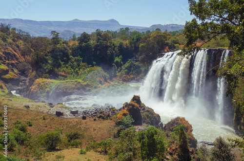 Beautiful view of Blue Nile Falls. Waterfall on the Blue Nile river. Nature and travel. Ethiopia, Amhara Region, near Bahir Dar and Lake Tana