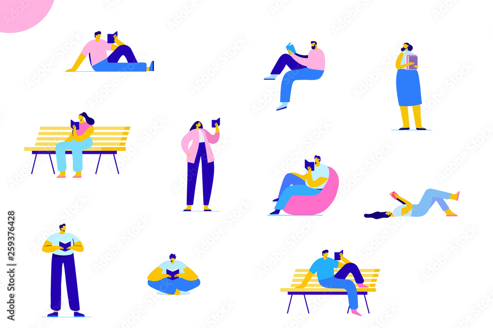 People who love to Read vector set. Reading Books characters. Cartoon flat characters isolated on white background. People who love to Read vector set. Reading Books characters. Cartoon flat characters isolated on white background.
