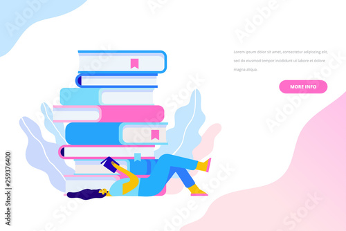People who love to Read. Reading Books concept. Girl lying on the ground and reading on a huge stack of books. Cartoon flat vector illustration isolated on white background.