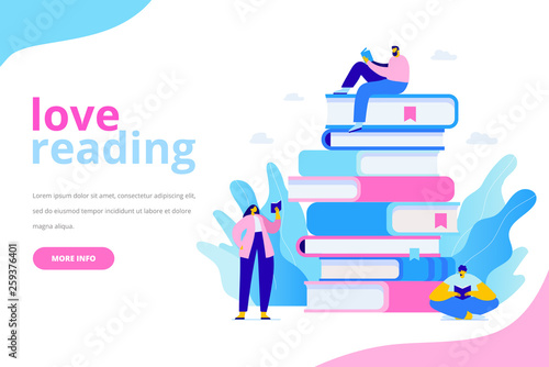 People who love to Read. Reading Books concept. People sitting and reading on a huge stack of books. Cartoon flat vector illustration isolated on white background.
