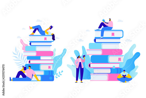 People who love to Read. Reading Books concept. People sitting and reading on a huge stack of books. Cartoon flat vector illustration isolated on white background.