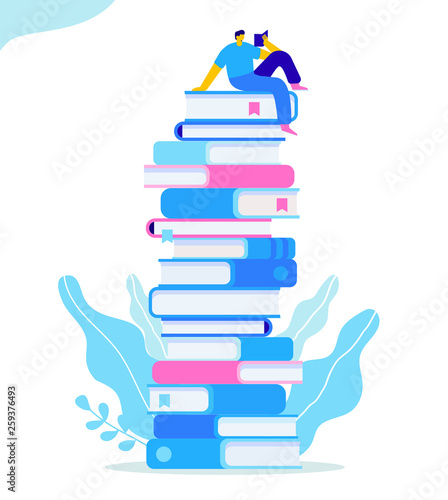 People who love to Read. Reading Books concept. Man sitting and reading on a huge stack of books. Cartoon flat vector illustration isolated on white background.