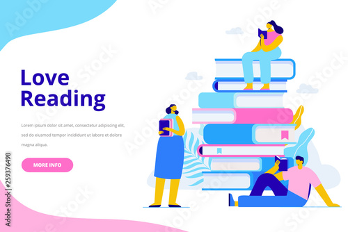 People who love to Read. Reading Books concept. People sitting and reading on a huge stack of books. Cartoon flat vector illustration isolated on white background.