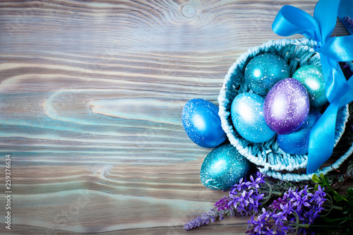 Happy Easter. Congratulatory easter background. Background with copy space. Selective focus. Top view. Horizontal.