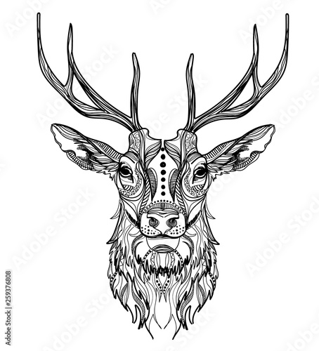 Head of a deer. Meditation, coloring of the mandala. Head of a tiger with a mustache and stripes. Manual drawing.