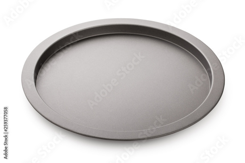 Round empty baking tin, circle tray with non-stick surface, close up.