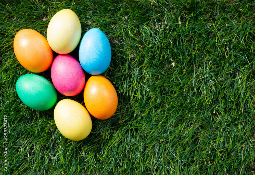 Painted Easter eggs on green grass