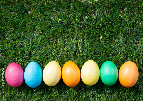 Painted Easter eggs on green grass
