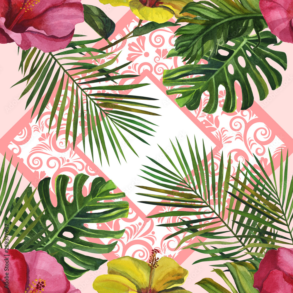Watercolor pattern with tropical palm leaves and flowers. Seamless ...