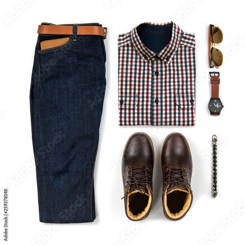 Men's casual outfits for man clothing with brown boot , watch, blue jeans, belt, wallet, sunglasses, office shirt and bracelet isolated on white background, Top view