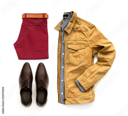 Men's casual outfits for man clothing with office shoes , belt, red trousers, shirt and yellow jacket isolated on white background, Top view