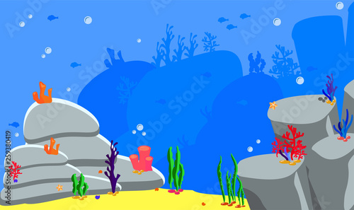 Panorama landscape sea bottom. Vector illustration ocean background. Game assets for stickers or web applications. Silhouette fish, algae and coral, shells, rocks and cave. Backdrop for baby birthday