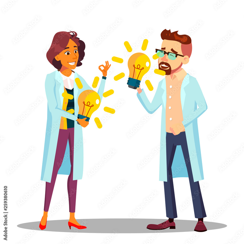 Inventor Man, Woman Vector. Scientist Or Business Person Inventor. Success Illustration