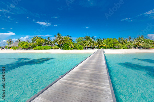 Beautiful tropical Maldives island with beach and wooden jetty. Maldives beach panorama, luxury resort and exotic vacation or holiday concept