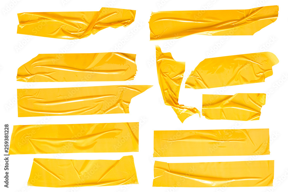 Set of yellow tapes on white background. Torn horizontal and different size yellow sticky tape, adhesive pieces. - obrazy, fototapety, plakaty 