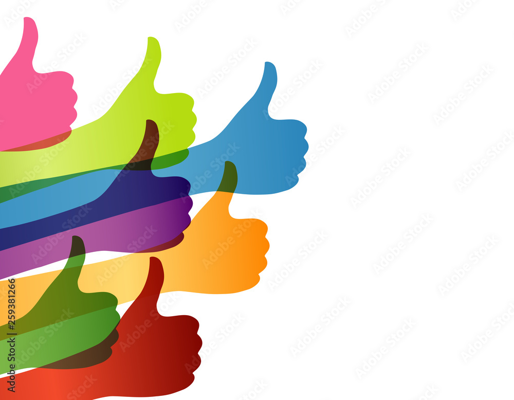 Colored hands with thumbs up. Social network concept. Online community. Share and follow. Positive and approval. Communication between friends. Isolated. Multiple exposure. Vector