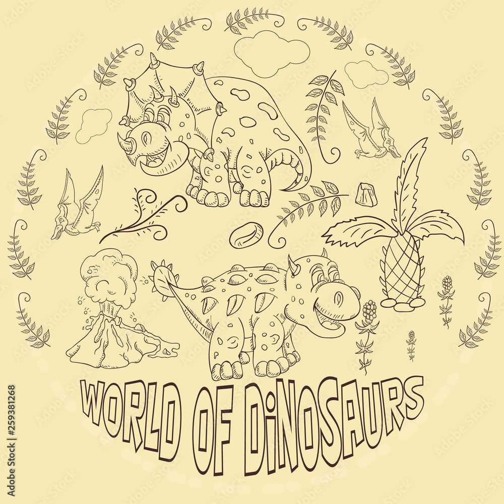 contour illustration_11_coloring of small dinosaurs and trees, plants, stones, for design in the style of Doodle in a circular ornament contour illustration_11_coloring of small dinosaurs and trees, plants, stones, for design in the style of Doodle in a circular ornament