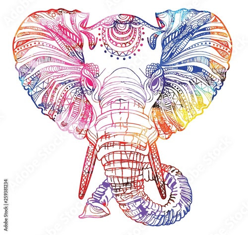 The head of an elephant. Meditation, coloring of the mandala. Large horns and long trunk. Elephant with tusks. Drawing manually, templates. Strips, points, arrows. Spots of watercolor paint, spray. 