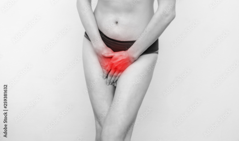 woman in panties is holding her hands between her legs. Health, gynecology. woman in panties is holding her hands between her legs. Health, gynecology.