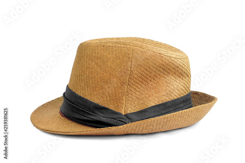 Vintage Straw hat fasion with black ribbon for man isolated on white background. This has clipping path