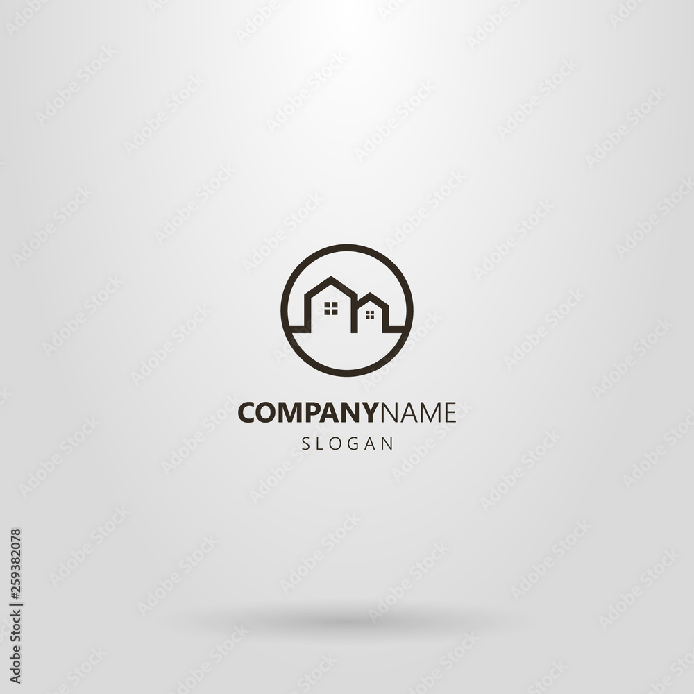 black and white simple line art logo of two private houses in a round frame black and white simple line art logo of two private houses in a round frame