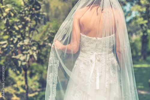 Bride holds a wedding dress, wedding details