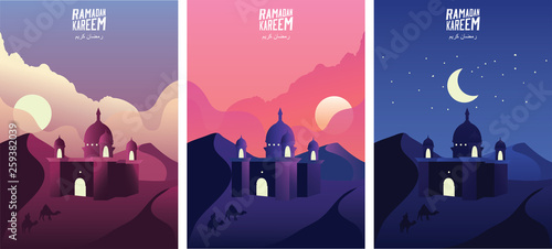 Islamic mosque in the desert sand at sunrise, sunset and night. Ramadan kareem greeting banners set template vector illustration. - Vector