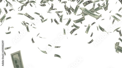 One hundred dollar cash bills falling through air photo