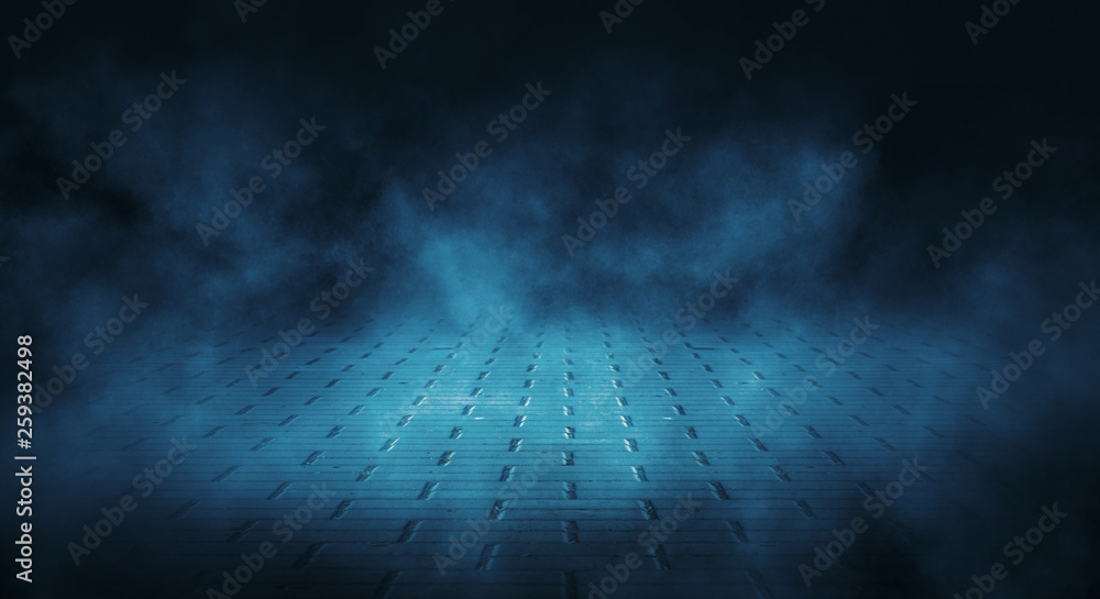 Background of an empty dark street, premises at night, concrete pavement, tile. Neon light, spotlight, smoke, smog Background of an empty dark street, premises at night, concrete pavement, tile. Neon light, spotlight, smoke, smog