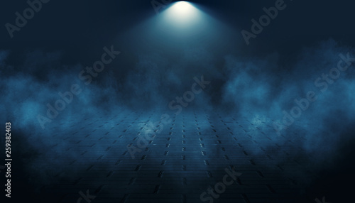 Background of an empty dark street, premises at night, concrete pavement, tile. Neon light, spotlight, smoke, smog