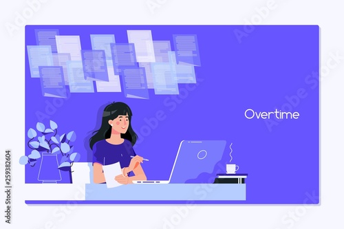 A young woman writing while sitting in her office at night.Working late, overtime office work and computer worker nights.Flat vector illustration
