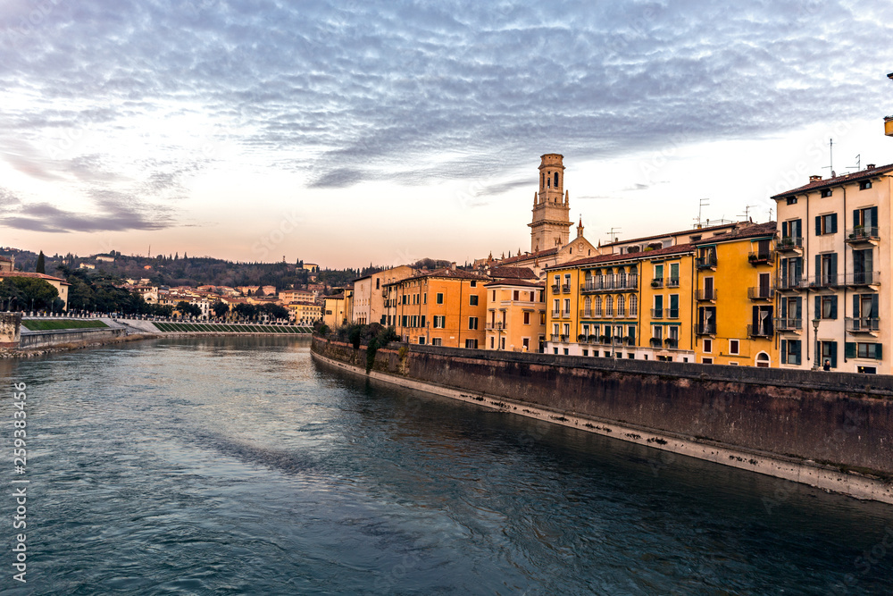 Verona at sunset on Adige river