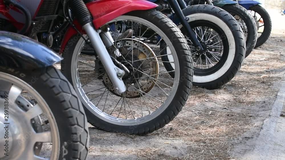 Motorcycle wheels in a row Motorcycle wheels in a row