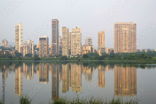 Reflections of the buildings inthe lake captured in the park