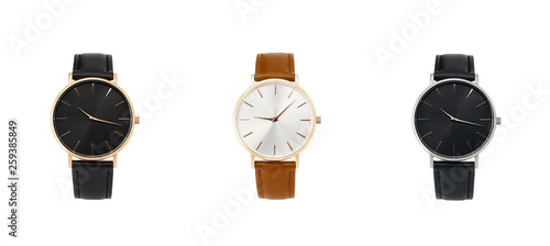 Classic women gold watch black dial, leather strap, isolate on white background